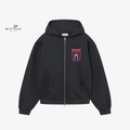 Black hoodie with a logo on the chest on a white background